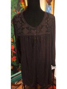 Terra & Sky Womens Black Soot Button Front Top With Lace Yoke 0X 14W Rayon Blend
